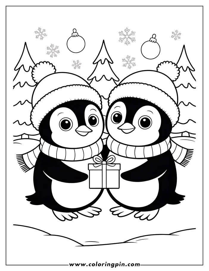 Line art of two penguins wearing winter hats and scarves, holding a present together in a snowy scene with a Christmas tree, ornaments, and snowflakes. A cheerful winter coloring page design.