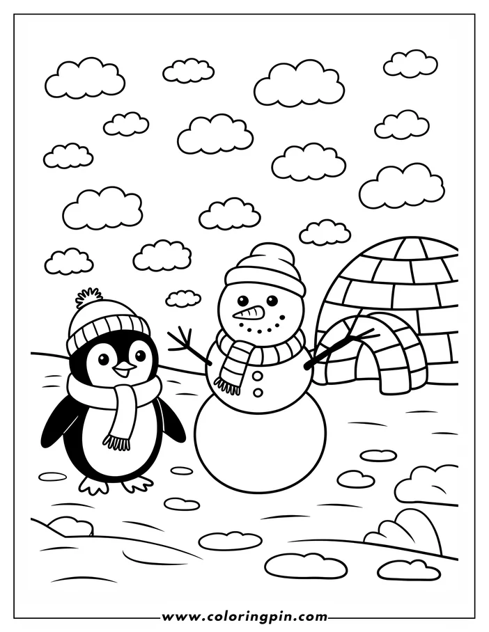 A winter coloring page scene shows a penguin and snowman in winter attire, with an igloo and snowy landscape in the background. Ready for coloring.