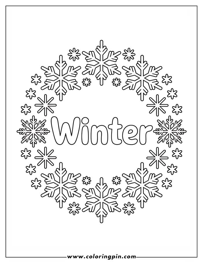 A coloring page design featuring the word "Winter" surrounded by a wreath of various snowflakes, creating a festive winter scene.