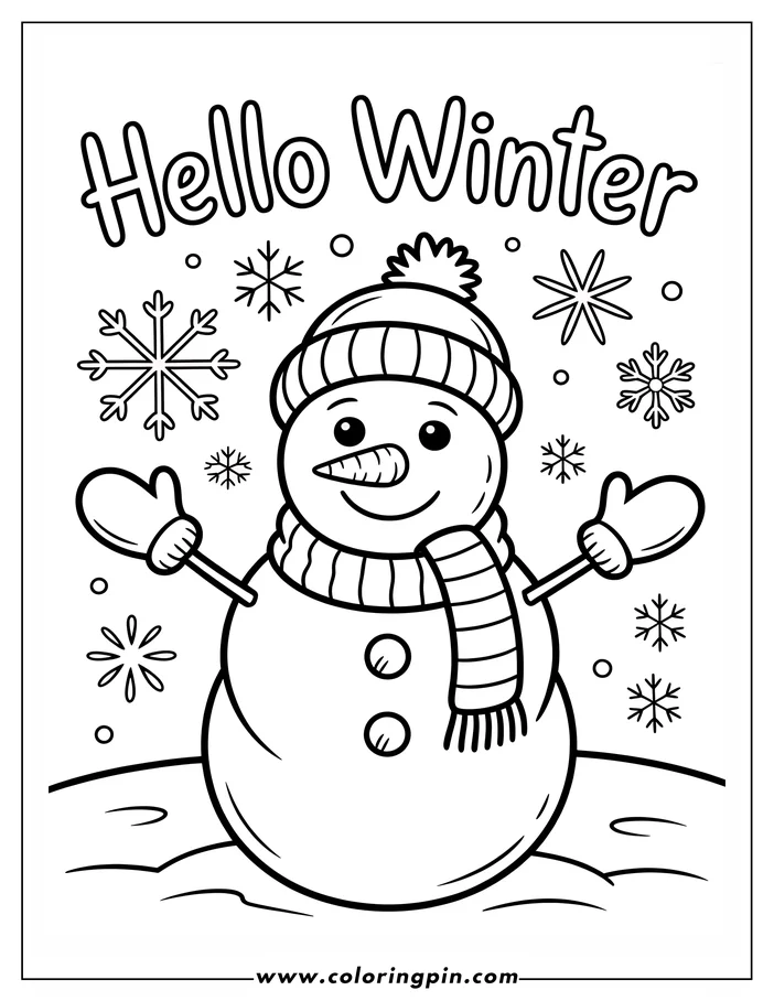 Line art of a snowman wearing a hat, scarf, and mittens, surrounded by falling snowflakes. This coloring sheet design is perfect for a winter activity.