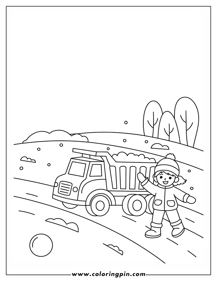 Simple line art of a dump truck carrying snow with a child in winter clothes waving beside it. Design for a coloring page.