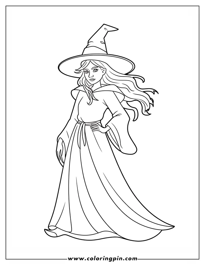 Outline of a witch in a pointed hat and flowing robes