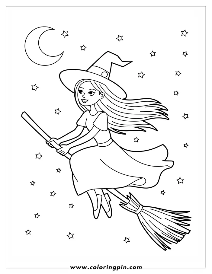 Line art of a witch flying on a broomstick under a crescent moon and stars.
