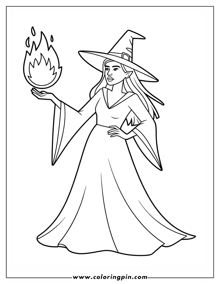 Outline of a witch holding a flame, wearing a pointed hat and long robe.