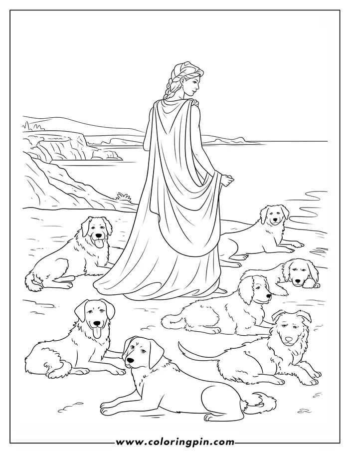Line art of a woman in a robe standing near the sea with seven dogs lying around her on the shore.