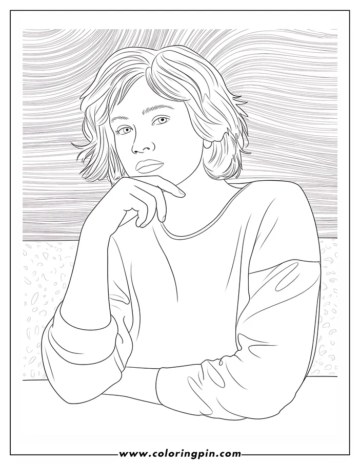 Line art of a young woman sitting at a table, resting her chin on her hand. She has short, wavy hair and wears a long-sleeved shirt. The background has a wavy line pattern.
