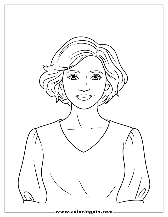 Line art of a woman with short, wavy hair. She is wearing a v-neck top with puffed sleeves.