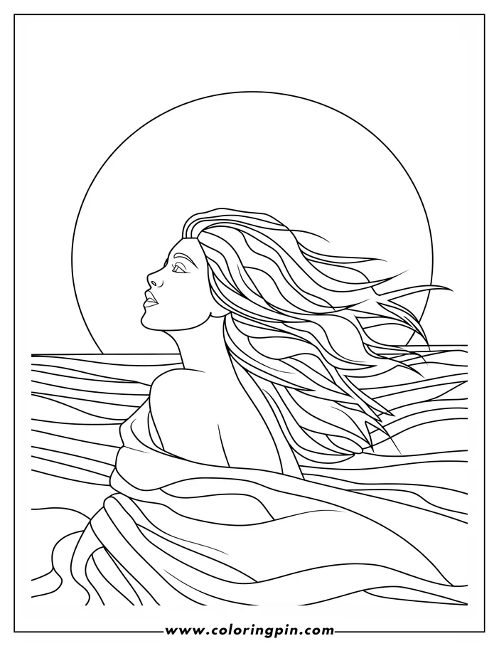 Line art of a woman with long, flowing hair, draped in fabric, against a large circle evoking the moon.