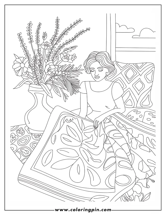 Line art of a woman folding laundry on a patterned rug with a vase of flowers beside her.