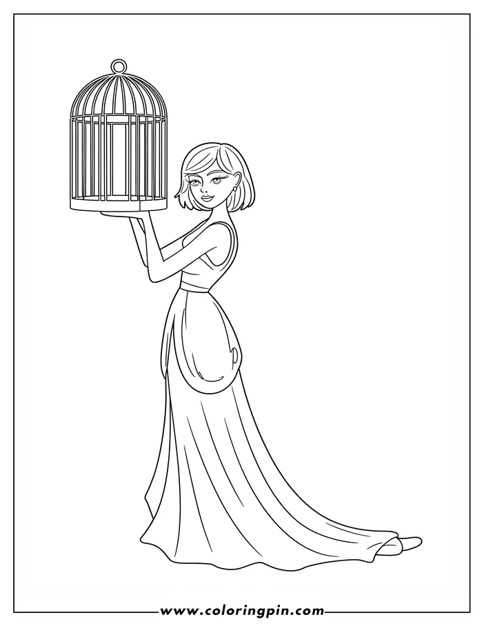Line art of a woman holding a birdcage. She has short hair and a long flowing dress.