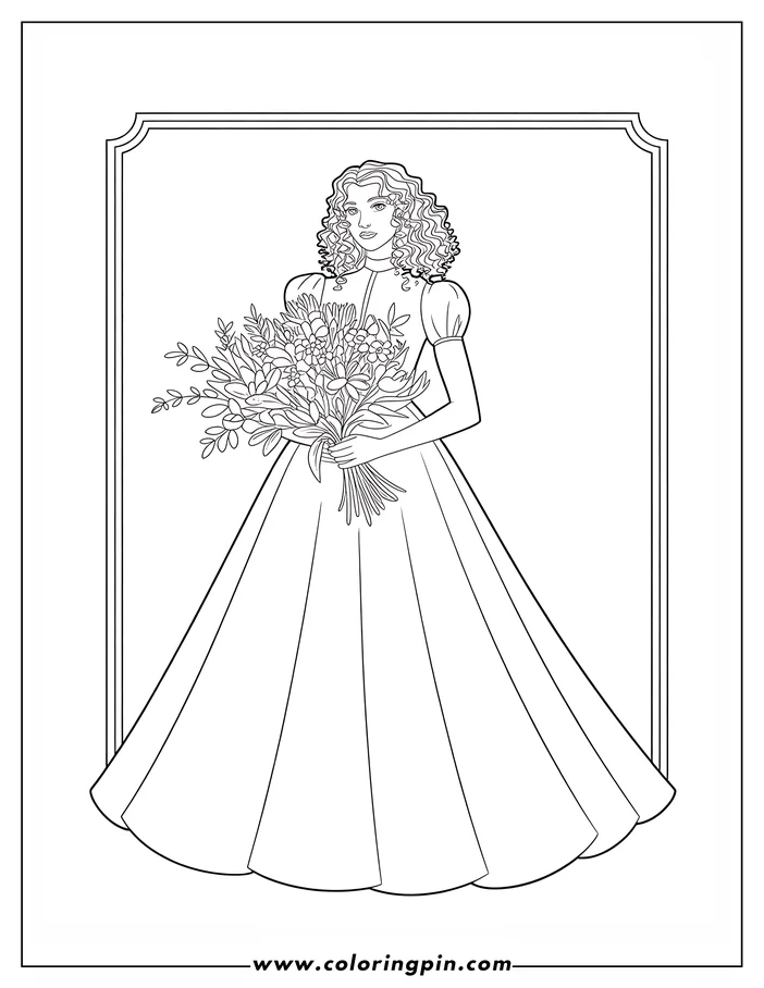 Line art of a woman holding a bouquet of flowers. She wears a long dress with puffed sleeves.