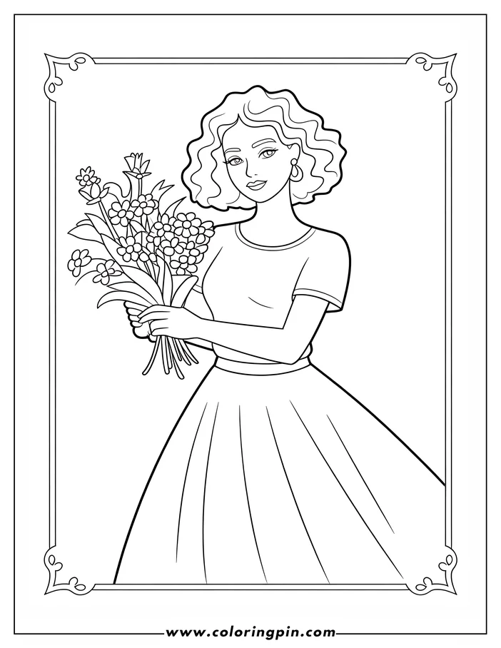 Line art of a woman holding a mixed bouquet of flowers. She wears a skirt and earrings.