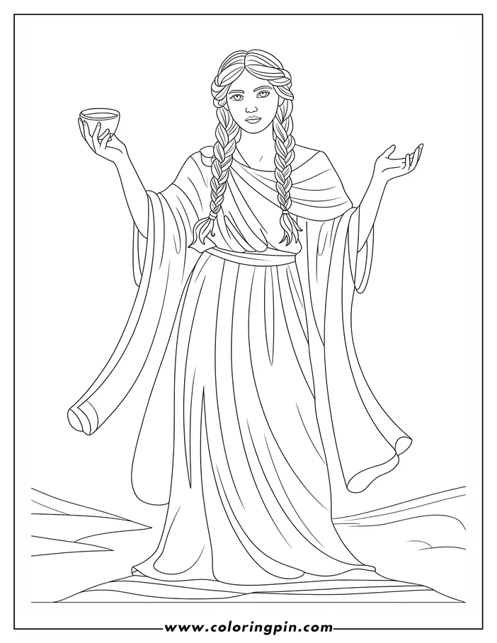 Line art of a woman holding a bowl, wearing a long robe, and sporting two braids.