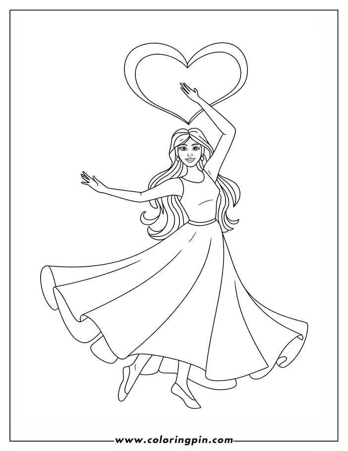 Outline of a woman dancing with a large heart held above her head