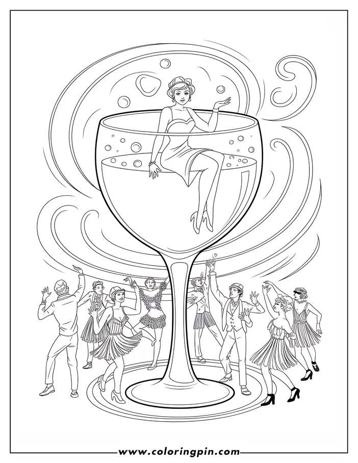Line art of a woman sitting inside a large champagne glass, with people in 1920s clothing dancing around the base.