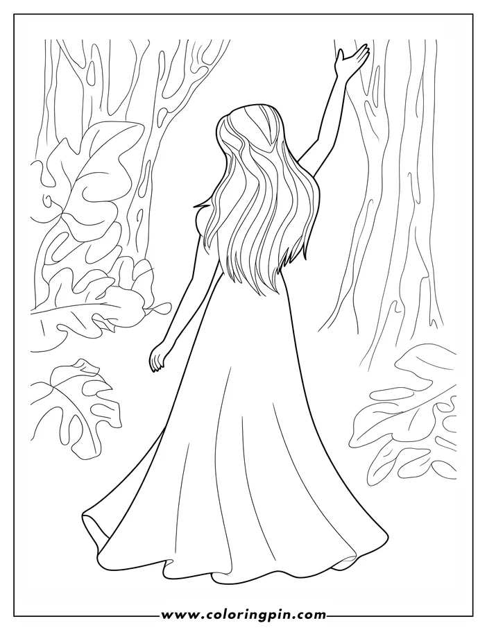 Line art of a woman in a long dress reaching for a tree in a forest setting with large leaves.