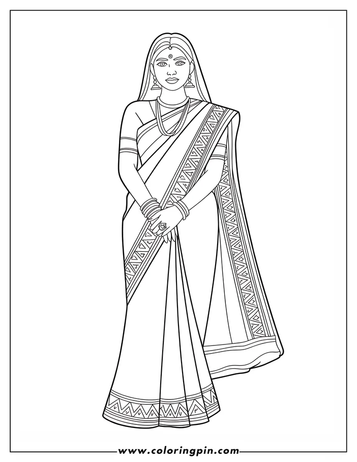 Line art of a woman wearing a sari, with traditional jewelry and patterned borders on the garment.