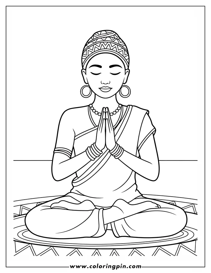 Line drawing of a woman with her hands pressed together in meditation, sitting on a patterned cushion atop a patterned mat. She wears a patterned head covering, large earrings, a beaded necklace, and bracelets.