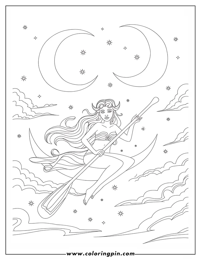 Line art of a woman paddling a crescent moon through a starry night sky with clouds.