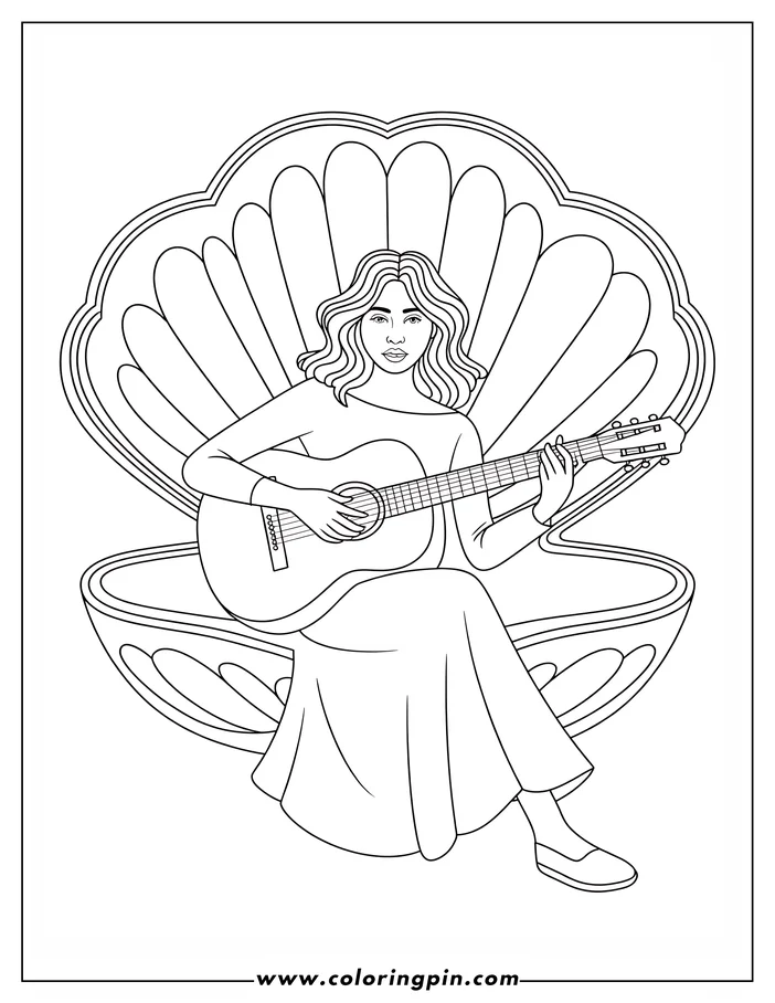 Line art of a woman seated in a seashell playing a guitar. She wears a long dress and is focused on the instrument. The seashell's intricate design adds a unique touch to the image.