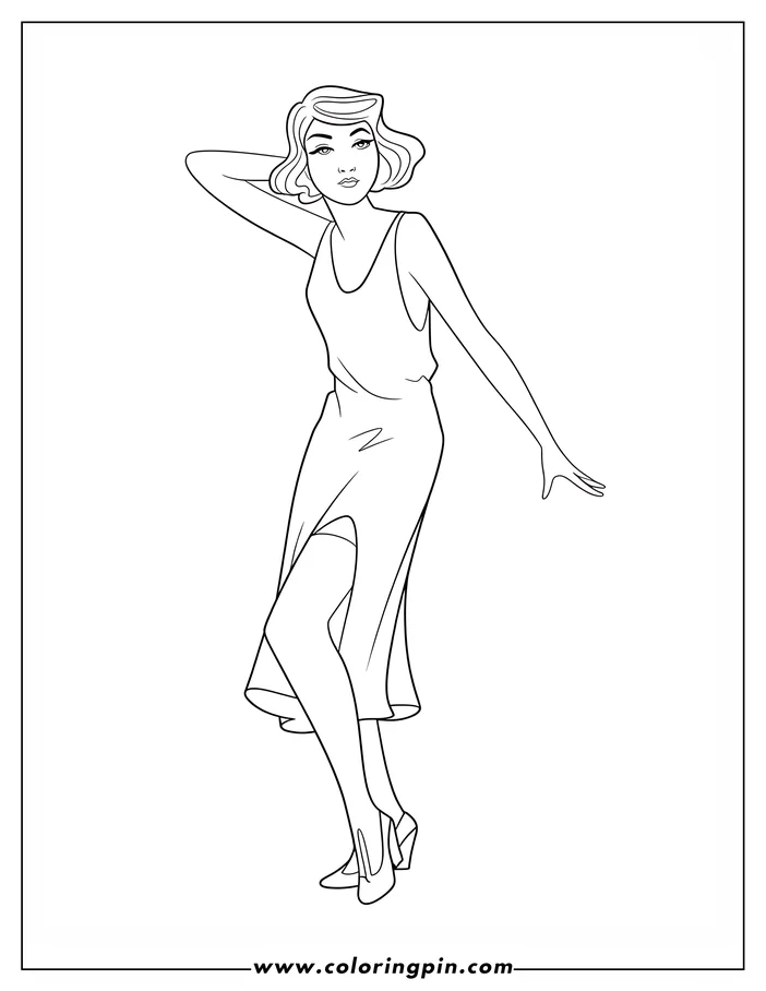 Line drawing of a woman posing in an elegant dress with a slit.