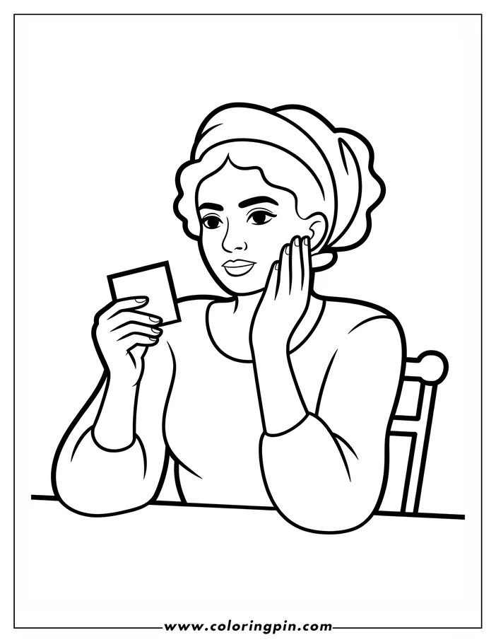 Line art of a woman sitting at a table, reading a notecard and resting her hand on her cheek.