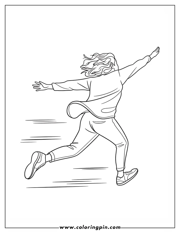 Line art of a woman running with her hair and jacket flowing behind her.