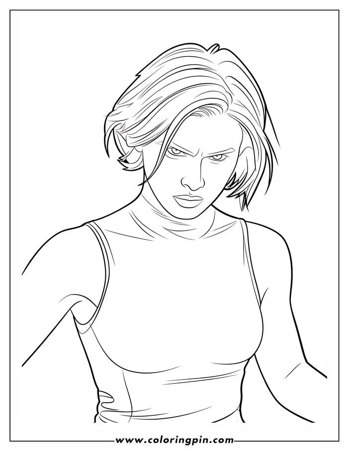 Line art of a woman with short hair. She wears a tank top and has a serious expression.