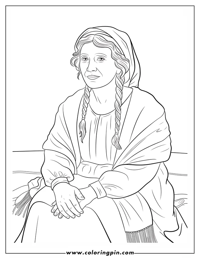 Line art of a woman sitting with her hands clasped, wearing a headscarf and shawl.