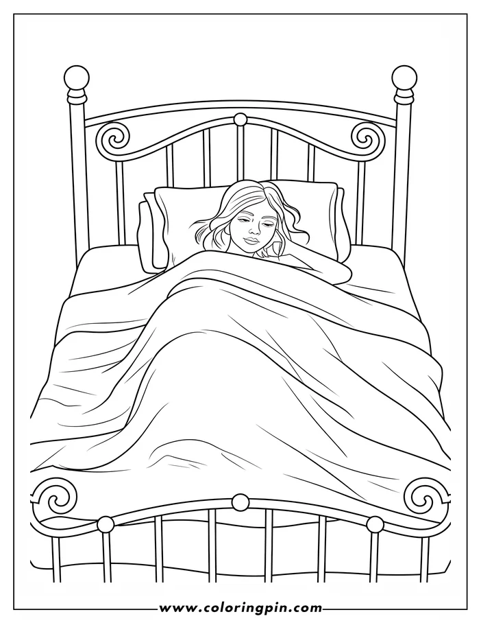 Line drawing of a woman sleeping in bed, covered by blankets, with her head resting on a pillow. The bed has a decorative metal headboard and footboard.