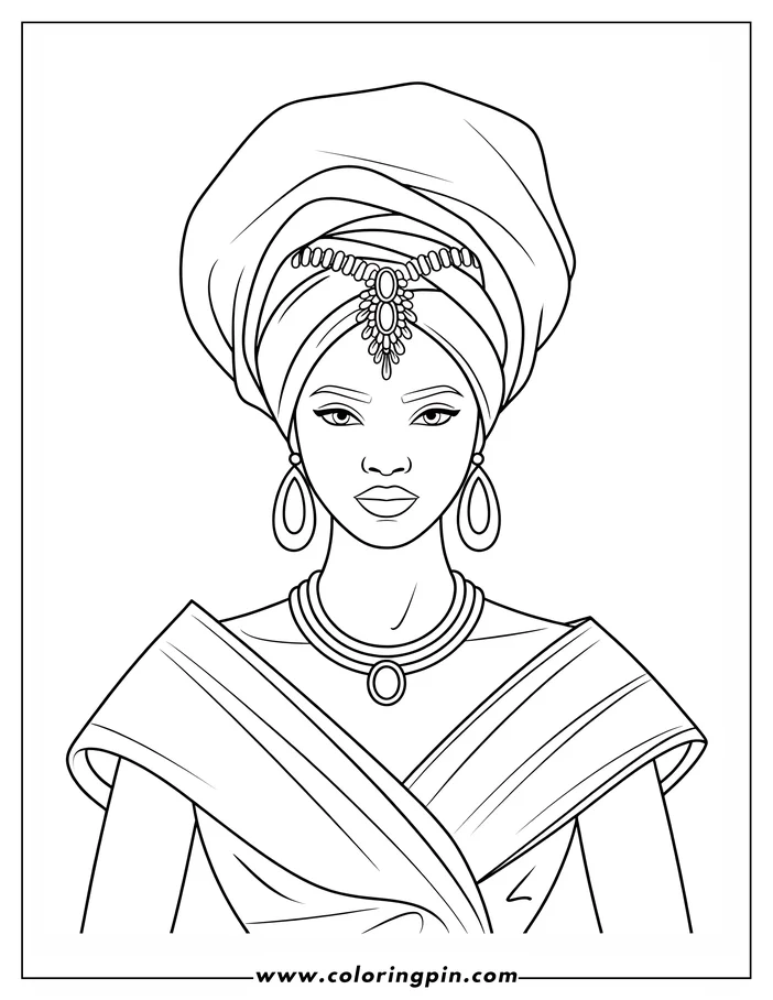 Line art of a woman wearing a traditional African headwrap, earrings, and a necklace.