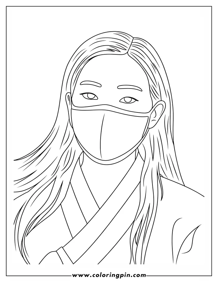 Line art of a young woman with long hair wearing a face mask.