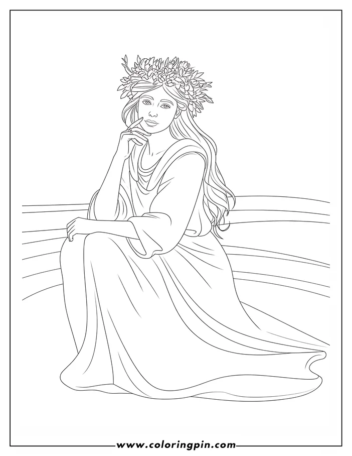 Line art of a woman wearing a flower crown, sitting and resting her chin on her hand.