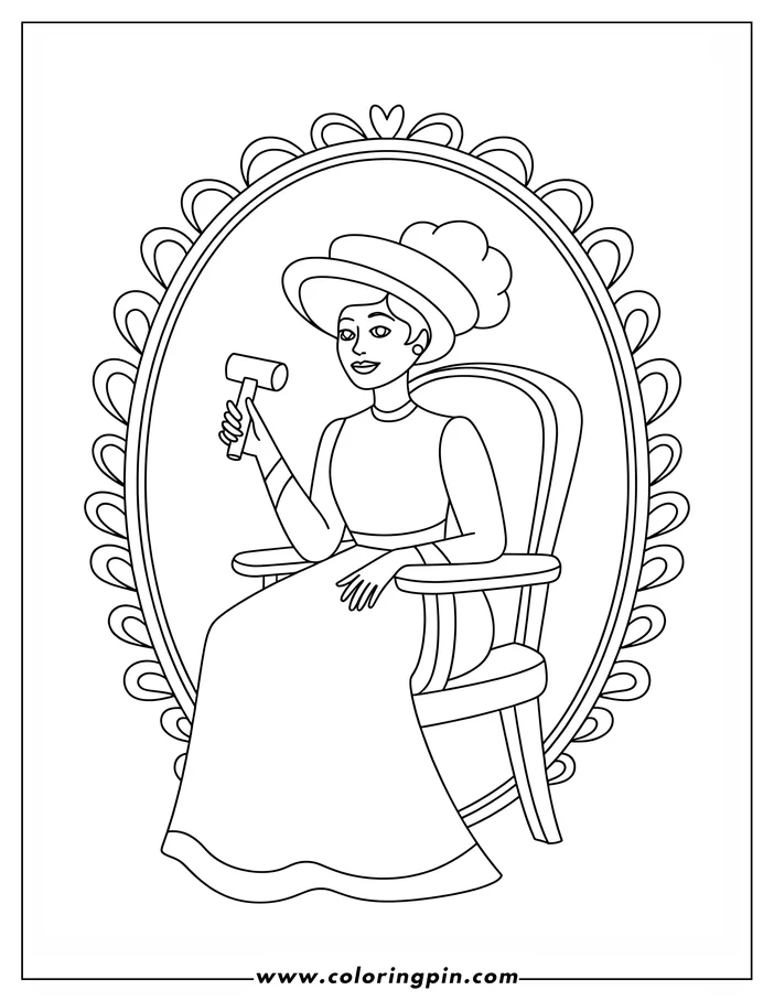 Outline of a woman sitting in a rocking chair within an oval frame, holding a mallet.