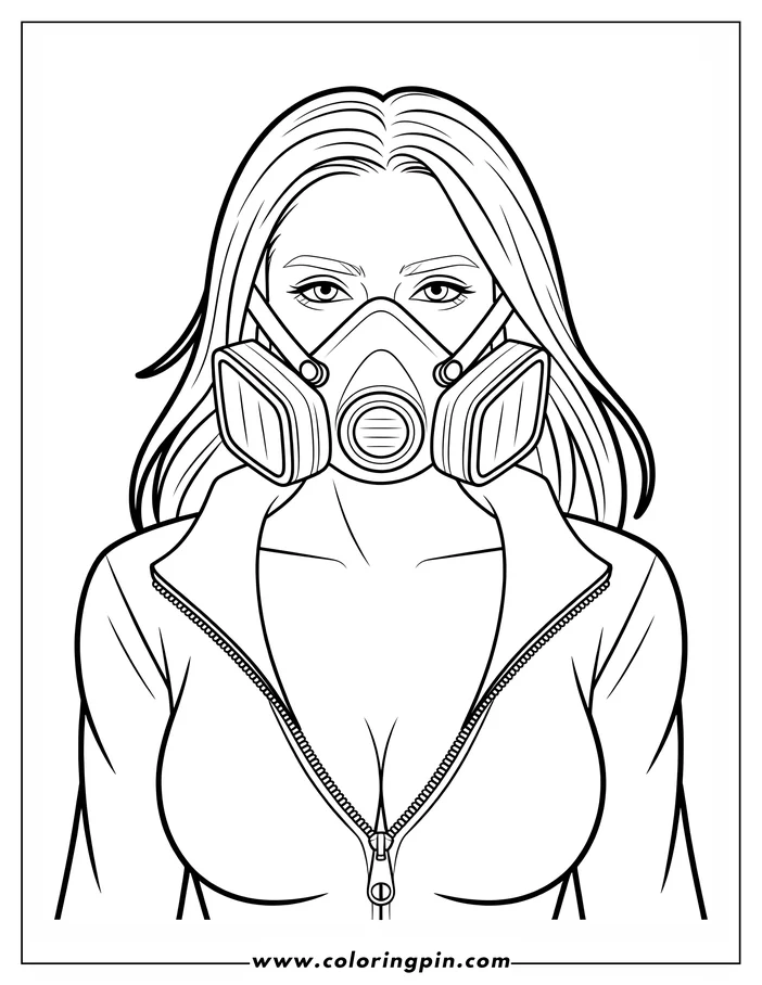Line art of a woman wearing a respirator mask and a jacket.
