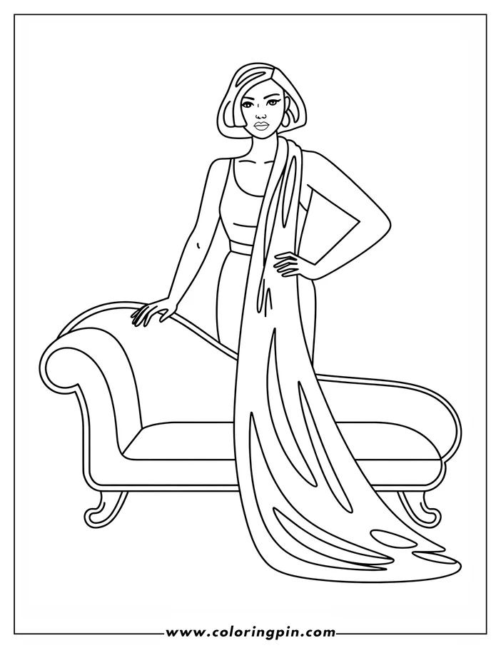 Line art of a woman with a long scarf standing next to a chaise lounge.