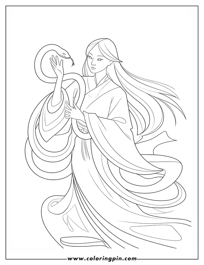 Line art of a woman holding a snake. She wears flowing robes and has long hair.