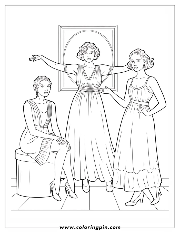 Three women in dresses in an art gallery setting. One woman stands with arms outstretched, as if presenting something. Another woman stands with one hand on her hip, and the third woman sits on a low seat or pedestal. A framed artwork hangs on the wall behind them.