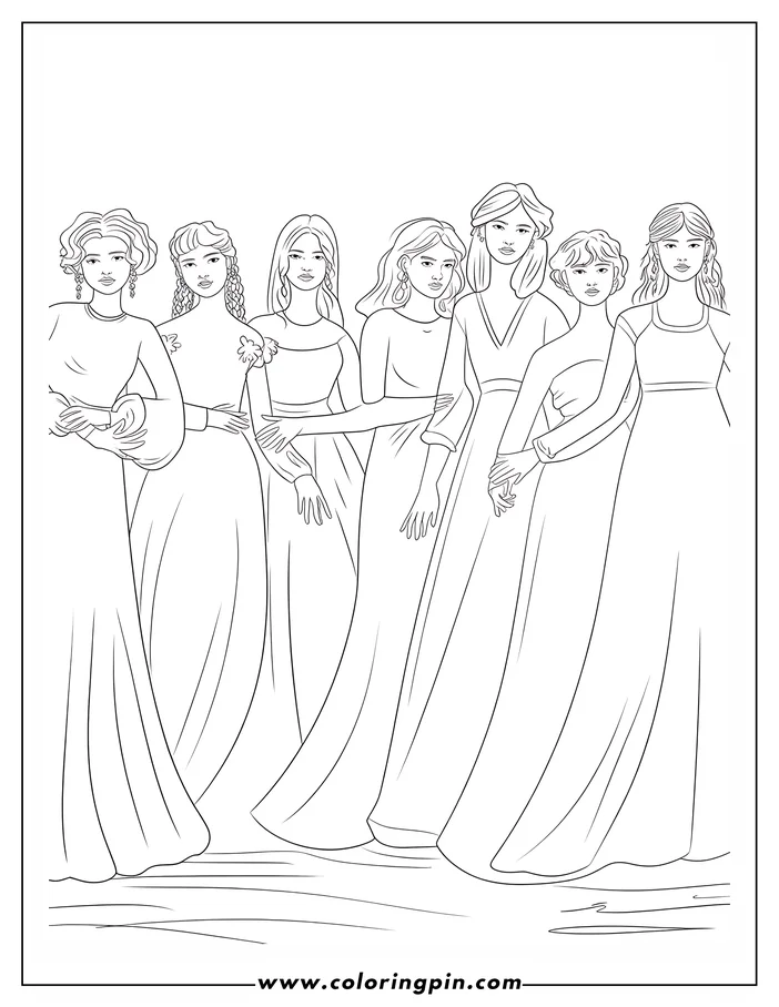 Seven women wearing floor-length gowns are shown from the waist up.  Several have hairstyles with long braids and most are wearing earrings.