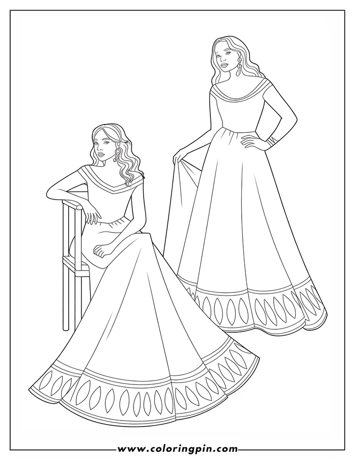 Two women in long gowns, one seated and one standing.  The hems of the gowns have decorative trim. They wear matching earrings and have wavy, shoulder length hair.