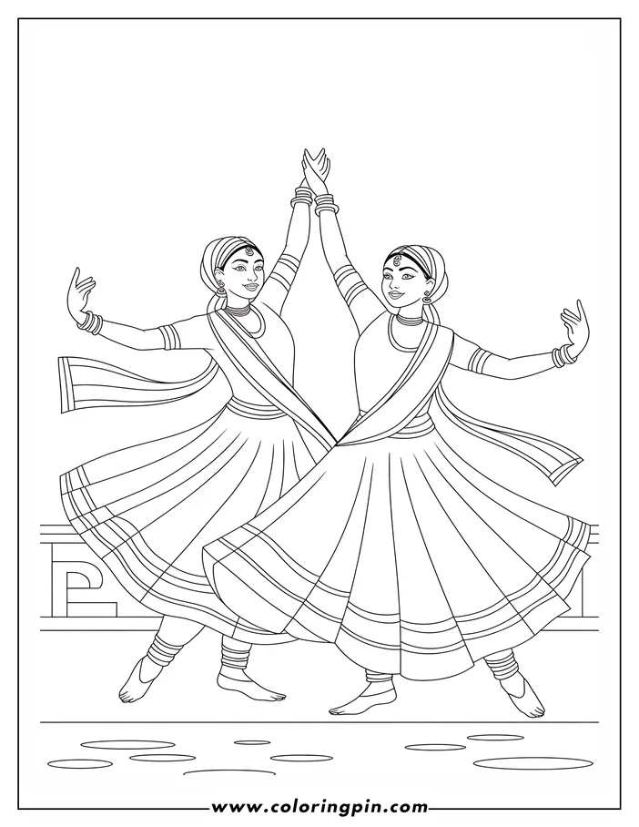 Two women gracefully perform a traditional Indian dance, hands clasped, wearing flowing dresses and head wraps. They stand on a stage, puddles beneath their feet.