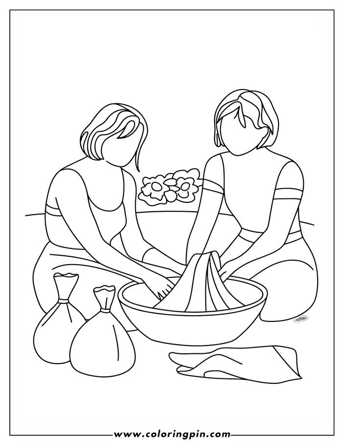 Two women washing clothes in a large bowl with bags and a folded cloth nearby.
