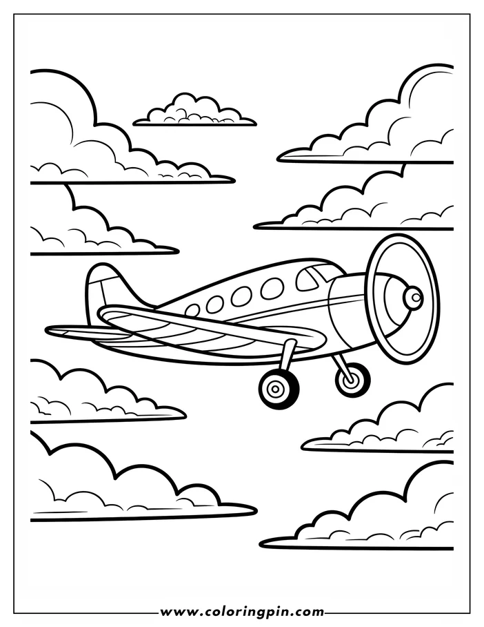 Outline of a cartoon airplane flying amongst fluffy clouds.