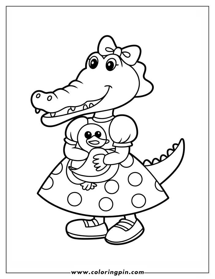 Cartoon alligator in a polka dot dress holding a duckling