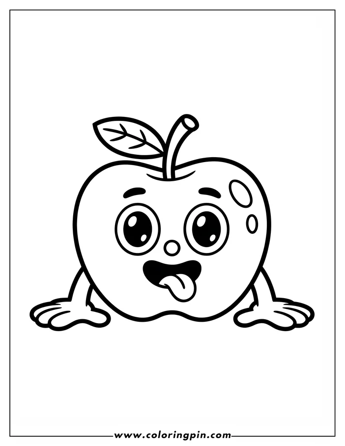 Cartoon apple with leaf, large eyes, and tongue sticking out playfully