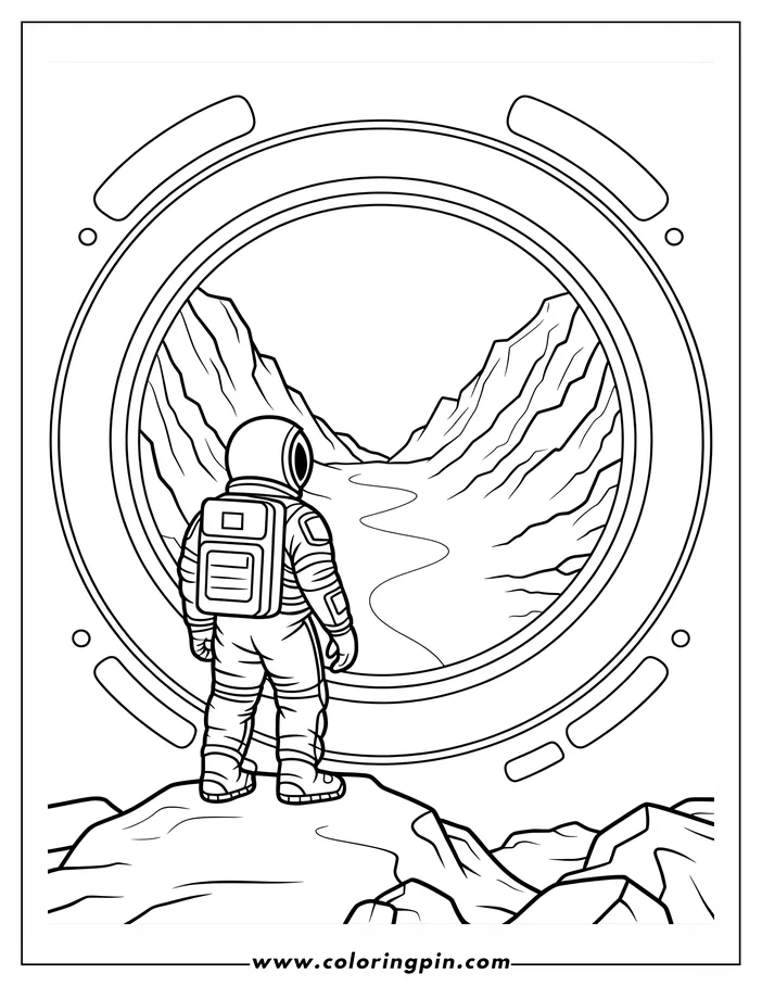 Line art of an astronaut on a rocky planet looking at a new planet's terrain through a round portal. The new planet appears rocky with a winding valley.