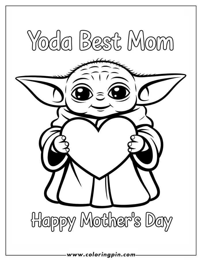 A simple line art drawing of Baby Yoda, the adorable Star Wars character, holding a large heart, designed as a Mother's Day coloring page.  He stands facing forward with a sweet expression, wearing his simple robe.  "Happy Mother's Day" is written at the bottom of the coloring sheet.