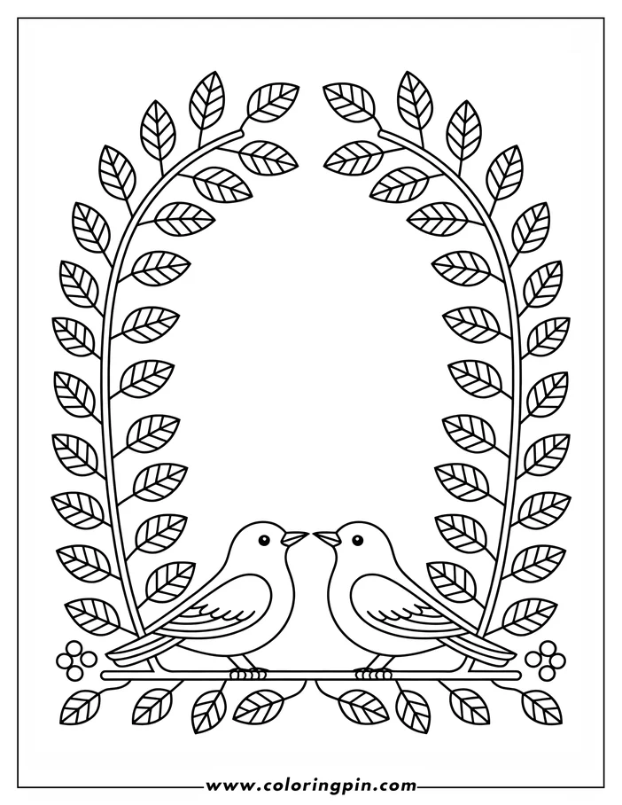 Two birds perched on a branch with a leafy border.