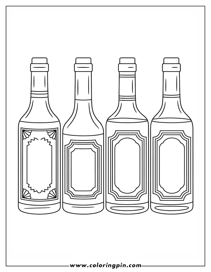 Four bottles with blank labels, ready for coloring.
