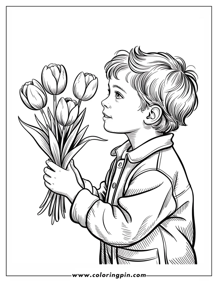 Boy holding a tulip bouquet coloring page, a cute and simple floral printable coloring sheet for kids.